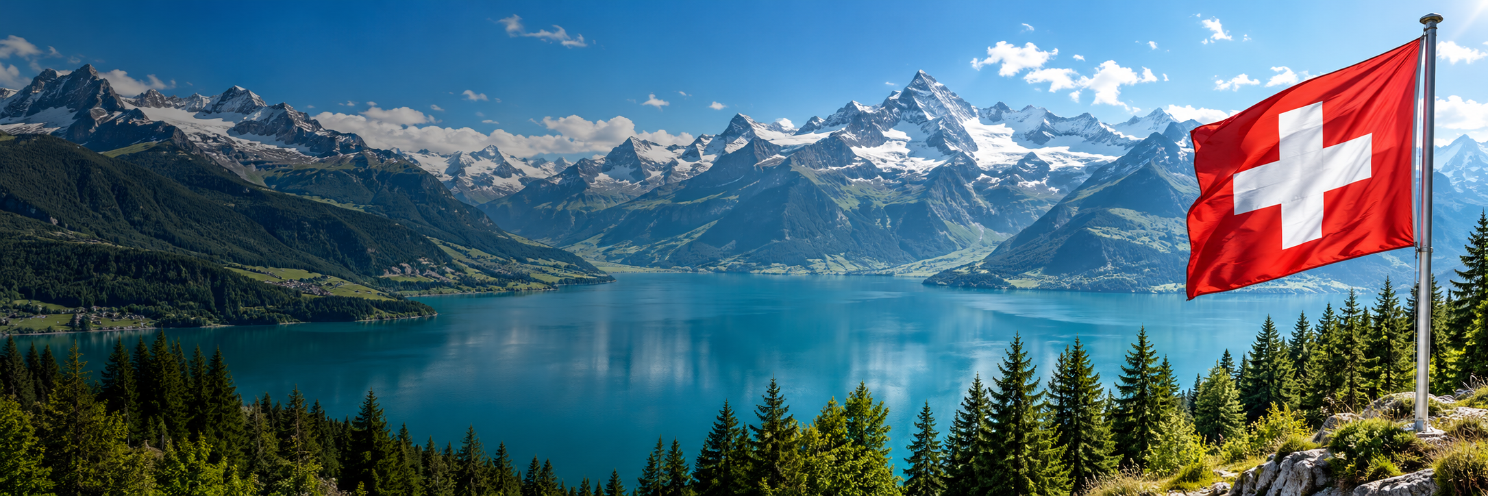 Schweizer Alpen, See und Schweizer Flagge